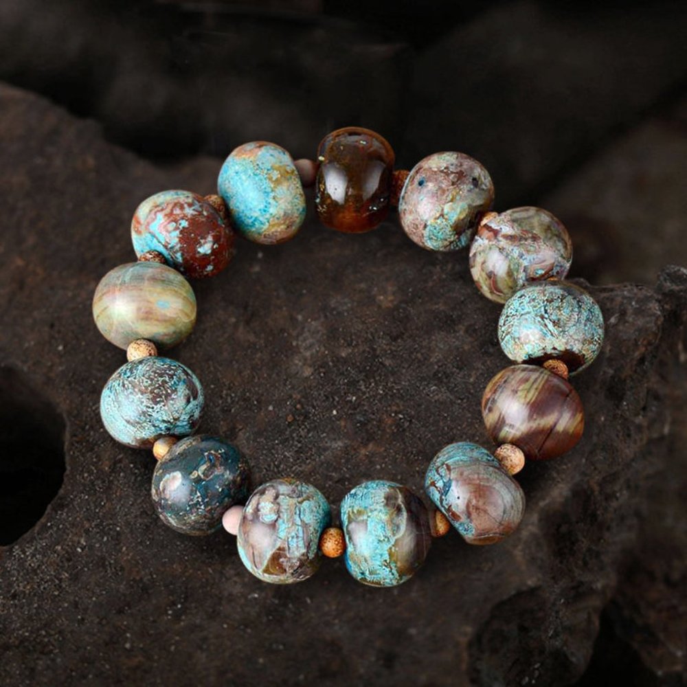 Natural Blue Calsilica Jasper Stone Beaded Bracelet 14mm Gemstone Men's Bracelet